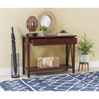 Antique Tobacco Brown Wood Console Table with Drawer and Open Shelf