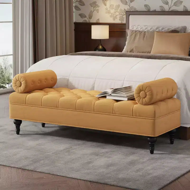 Modern End of Bed Bench for Bedroom, Velvet Upholstered Window Bench with 2 Detachable Pillows for Living Room or Entryway-Panipeachy