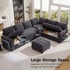 Dyonery 7-Seat Modular Sectional Sleeper Sofa with Pull-Out Bed, Reclining Backrest, USB Ports, Table, LED Lights & Storage Seats