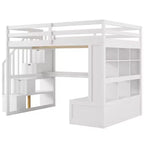 Full Size Loft Bed with Stairs and Desk, Wood Loft Beds Frame with Storage Drawers and Bookcase Shelves for Adults Teens Kids