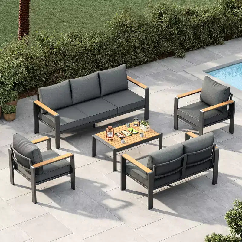 Aluminum Patio Furniture Set, Outdoor Sectional Sofa with 5 Thick Cushions, 4 Armrests & Coffee Table for Garden, Deck, Backyard