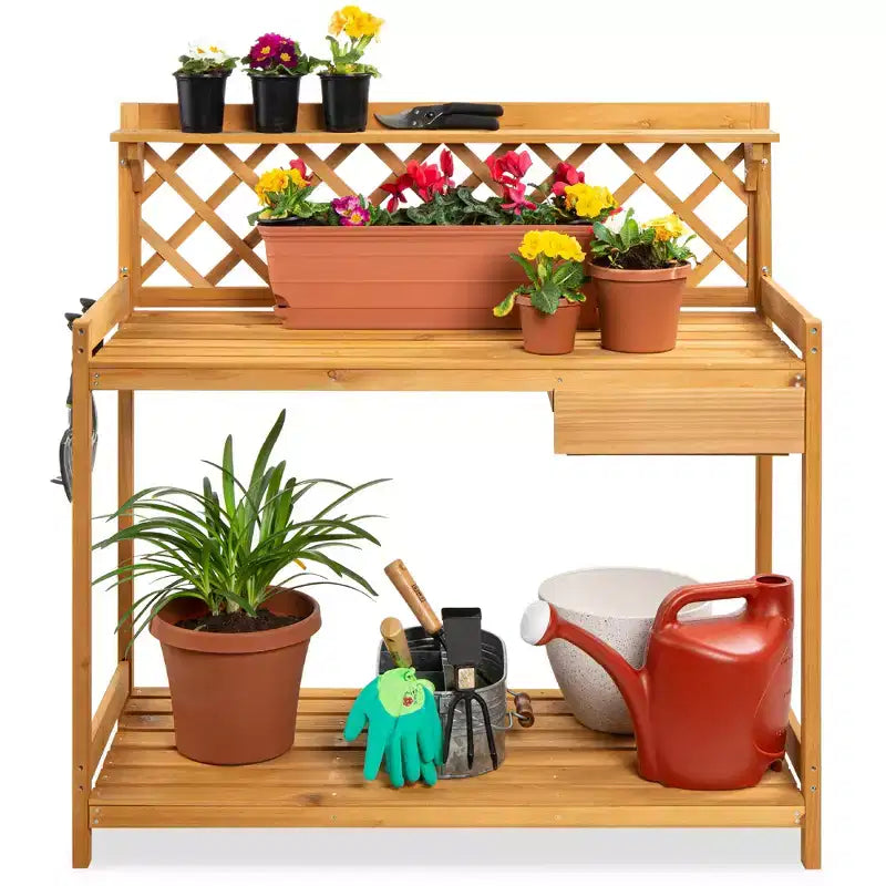 Best Choice Products Outdoor Wooden Garden Potting Bench, Workstation Table w/ Cabinet Drawer, Open Shelf
