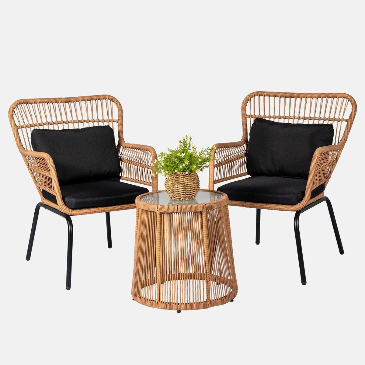 3 Piece Outdoor Wicker Conversation Bistro Set, All-Weather Rattan Furniture Patio Chairs Set with Cushions